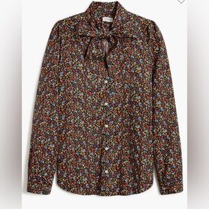 J.Crew Factory Floral Tie Neck Blouse Navy Multicolor Ditsy Print | Size Large